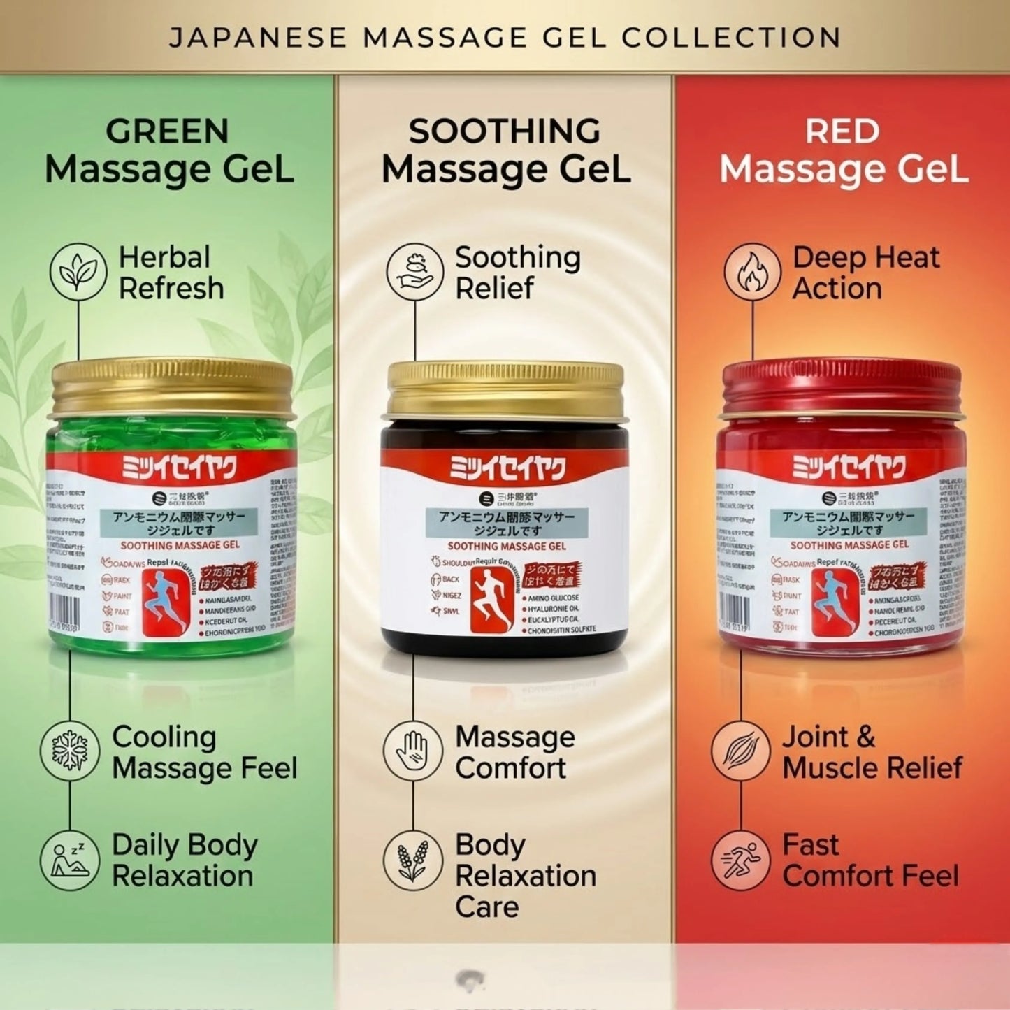 Combo of 3 Japanese Massage Gels – Cooling, Soothing & Warming Body Relief Gel